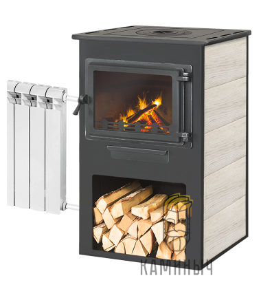 Печь-камин ЭТНА (Панорама) с плитой «Бежевый» высокий, т/о — Каминыч